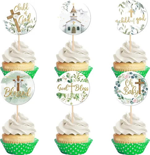 Vista 11 de 24 adornos cruzados para cupcakes con diseño de Dios bendiga y bautismo, para cupcakes de cruz, decoración de primera comunión para tartas