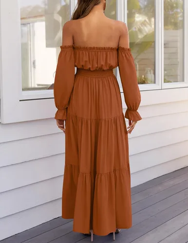 Vista 123 de ZESICA - Vestido largo, bohemio y sexy, con hombros descubiertos y manga larga fruncida, con elástico fruncido, cintura alta y abertura lateral