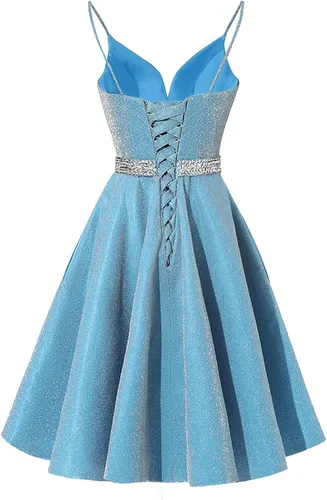 Vista 4 de Vestidos de Satén para Graduación 2025 con Tirantes Espagueti, Vestidos Cortos de Baile con Cuello en V con Cuentas, Vestidos Formales de Noche