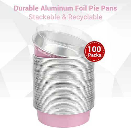 Vista 3 de Suice Mini moldes para tartas con tapas, 100 tazas desechables de aluminio para hornear cupcakes con tapa, 8 onzas de color rosa claro con tapas