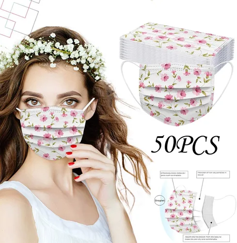 Vista 2 de 50 máscaras desechables para mujeres, diseño floral, día festivo, cuidado de la piel, para adultos, a prueba de polvo, máscara antipolvo para fiestas