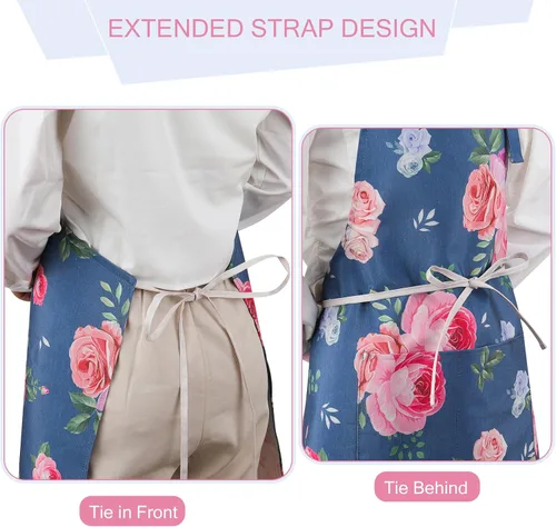 Vista 4 de Paquete de 2 delantales florales para mujer con bolsillos, delantal de cocina ajustable para cocinar, hornear, jardinería, manualidades
