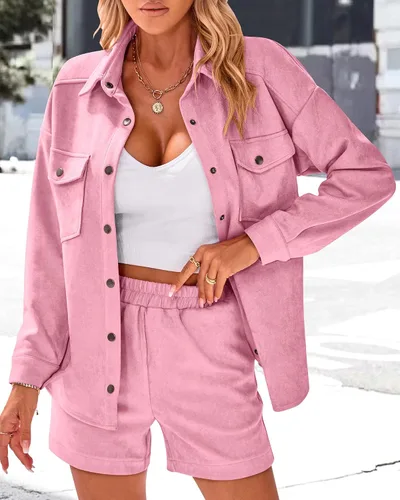 Vista 9 de KIRUNDO Conjunto casual de dos piezas para mujer, de manga larga, chaqueta y pantalones cortos