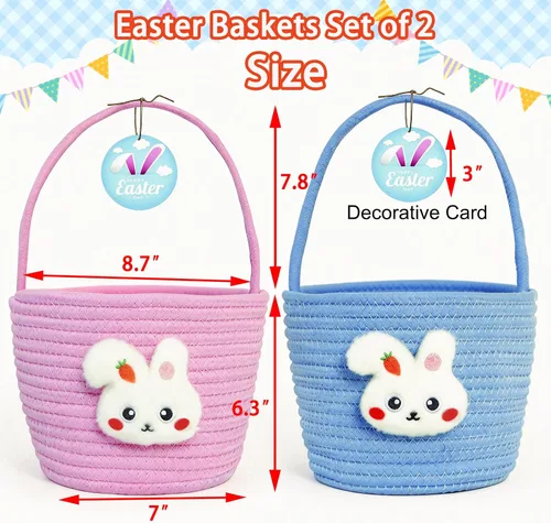 Vista 4 de Cesta de Pascua, cestas de Pascua para niños, cesta de Pascua personalizada para niños y niñas, juego de 2 huevos de conejo vacíos, niños, niñas