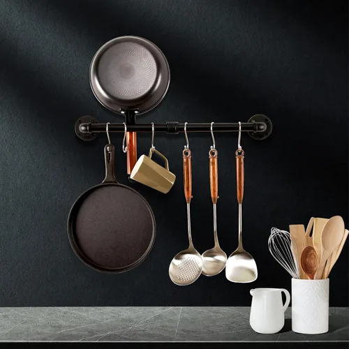 Vista 6 de Estante para ollas de tubería, soporte industrial para tapa de utensilios de cocina, organizador de cocina, barra colgante con ganchos en S
