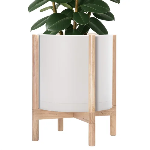 Vista 31 de Maceta de D'vine Dev con soporte - Maceta de flores de cilindro de plástico de 8.0 pulgadas con soporte de madera para interiores, maceta mate negra