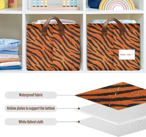 Vista 6 de Tigers Fur Pattern Black Orange Storage Organizer Bins and Basket Foldable Storage Cubes with Handles Organizing Clothes Blankets for Makeup Books