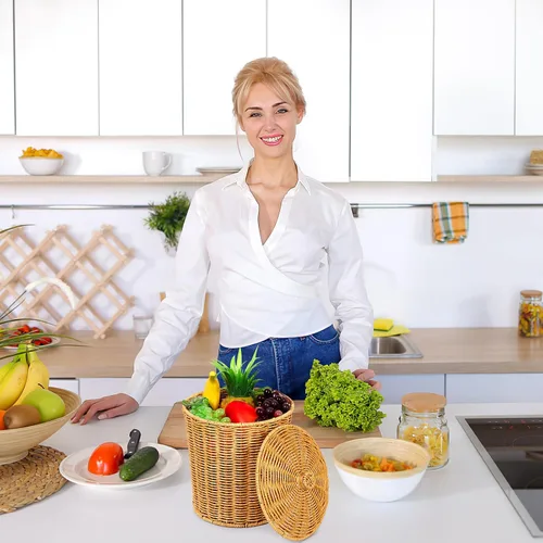 Vista 2 de PRETYZOOM Cesta de lavandería portátil con tapa, papelera tejida de mano, organizador de artículos diversos para dormitorio, baño, almacenamiento