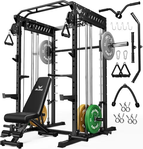 Vista 15 de JELENS M21 - Máquina Smith, jaula de potencia multifunción con sistema de cruce de cable de polea doble, banco de sentadillas todo en uno de 907 kg
