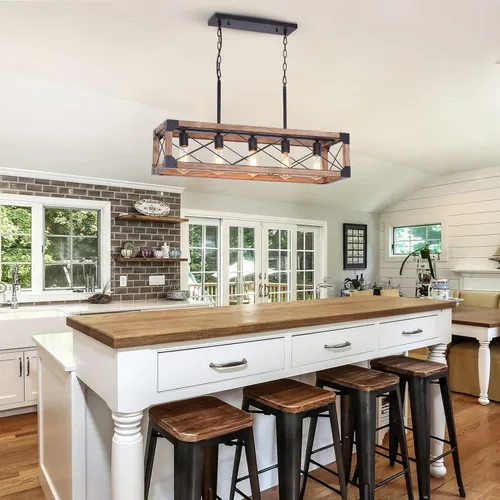Vista 6 de Iluminación de Isla de Cocina Estilo Granja, Lámpara de Comedor de 5 Luces, Candelabro Lineal Estilo Granja con Madera Maciza para Comedor Cocina