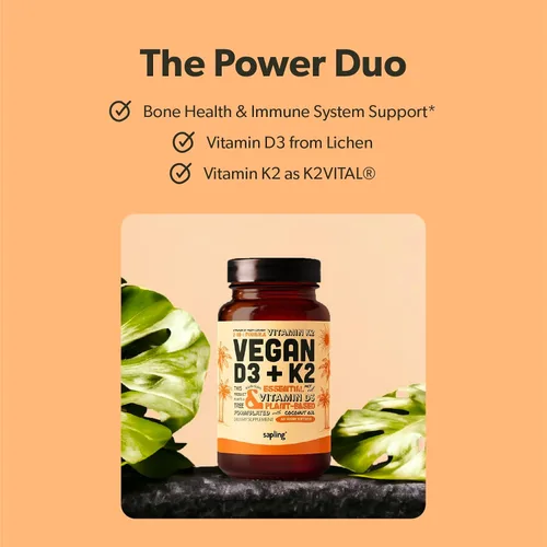 Vista 2 de sapling Suplemento vegano de vitamina D3 + K2 con aceite MCT de coco - 4000 UI de vitamina D y 100 mcg de vitamina K2 como Mk7 - Absorción