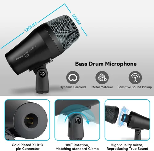Vista 2 de happymusic M7 - Kit de micrófono de batería con cable, 7 piezas de metal dinámico de micrófono y platillos de bajo dinámico, uso para batería vocal