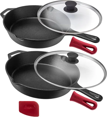 Vista 9 de Sartén de hierro fundido de Cuisinel con tapa - Sartén para freír pre-sazonada de 10" pulgadas + cubierta de vidrio + soporte para mango resistente