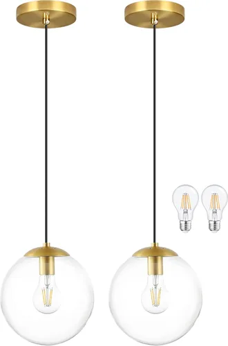 Vista 13 de KoKo&Yukina Luces colgantes modernas de globo de vidrio dorado de 6 pulgadas, paquete de 2 lámparas colgantes de vidrio transparente de mediados