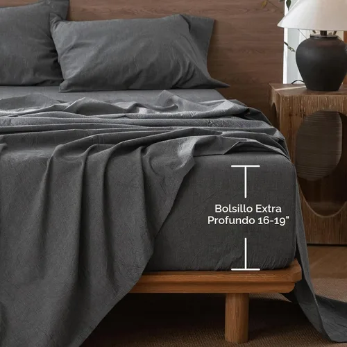 Vista 2 de MooMee Sábana bajera ajustable únicamente, 100% algodón lavado con textura tipo lino, transpirable, duradera, suave, cómoda, bolsillo profundo se