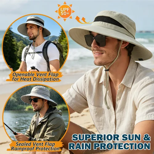 Vista 3 de Sombrero Boonie de ala ancha impermeable UPF 50+ para hombre, protección contra el sol y la lluvia Beige