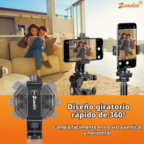 Vista 4 de Zeadio Soporte de trípode para teléfono inteligente, adaptador de soporte para teléfono celular, abrazadera ajustable para selfie, soporte giratorio