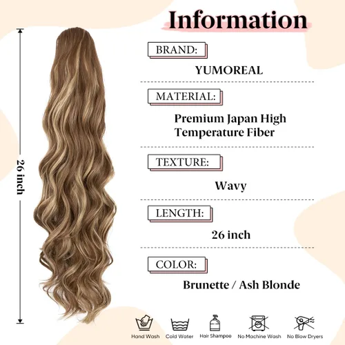 Vista 2 de Extensiones de cabello sintético ondulado con cordón para cola de caballo de 26 pulgadas, para mujer, castaño medio ceniza, rubio ceniza