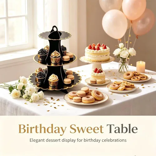 Vista 2 de MRPAPA - Soporte para cupcakes de cartón negro dorado de 3 niveles, torre BLACK-2PCS