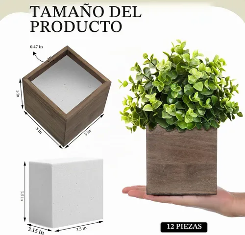 Vista 2 de Suzile Juego de 12 Cajas Plantadoras de Madera de 5 Pulgadas Jarrones Cuadrados de Flores para Centro de Mesa Caja Plantadora Cúbica Rústica