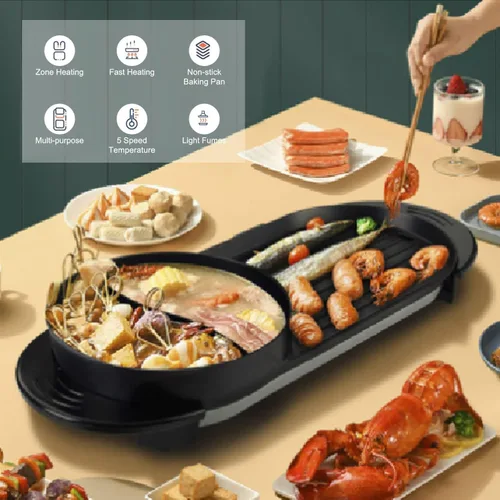 Vista 4 de Olla caliente de 27" con parrilla, parrilla eléctrica de barbacoa coreana de 2200W antiadherente para 2-12 personas, control de temperatura dual
