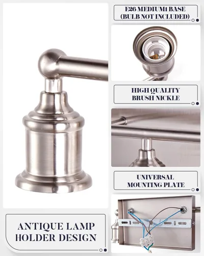 Vista 4 de Lámpara de tocador de 3 luces, moderna lámpara de pared de níquel cepillado, iluminación industrial de pared de tocador de baño para espejo, base