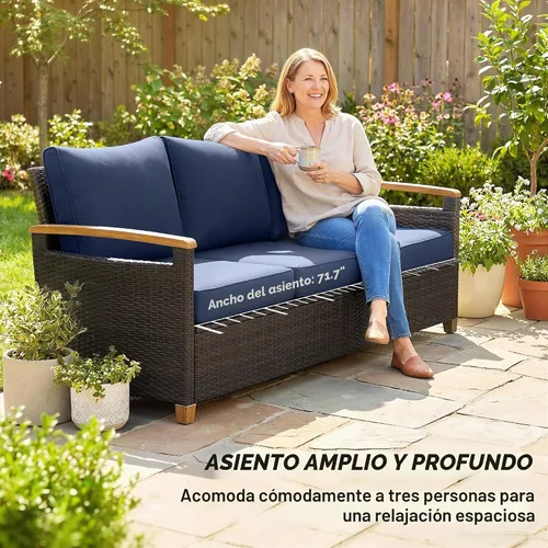 Vista 6 de Outsunny Sofá de 3 plazas para exteriores, sofá de mimbre PE para patio con asientos profundos amplios, cojines de espuma de 4 pulgadas Beige