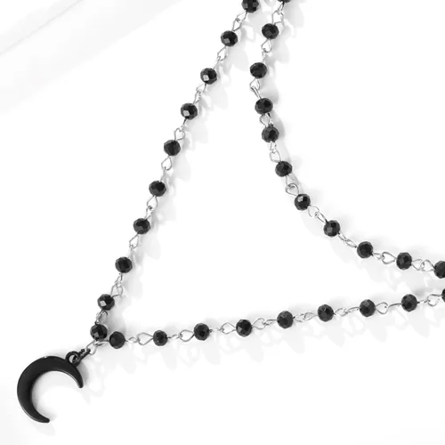 Vista 4 de Collar de luna para mujer, collar de luna creciente negra en capas, collar de joyería de bruja gótica, collar de cuentas de ónix, collar gótico