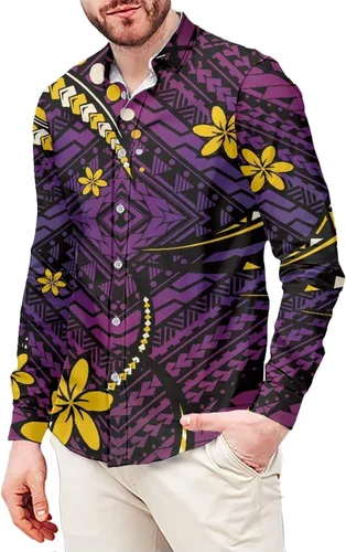 Vista 6 de Camisa polinesia con botones para hombre, Aloha Samoan, patrón tradicional, manga larga, camisa hawaiana para hombre, talla grande, casual