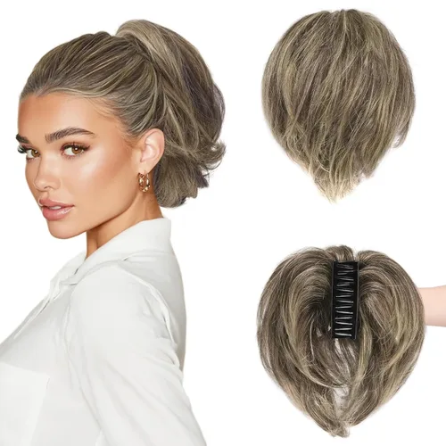 Vista 23 de BARSDAR Extensión de cabello humano corto con clip de garra con metales flexibles, cabello humano real de 8 pulgadas, extensiones de moño