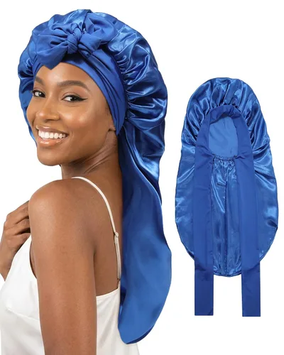 Vista 18 de AWAYTR Gorro largo de satén para mujer, gorro de seda elástica de doble capa para trenzas, gorro de dormir con banda de amarre (negro)
