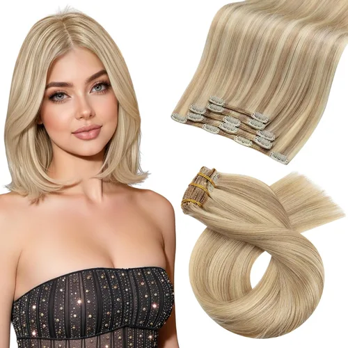 Vista 80 de Moresoo Extensiones de cabello humano con clip, balayage, color marrón oscuro a marrón dorado con clip, extensiones de cabello humano con clip, 5