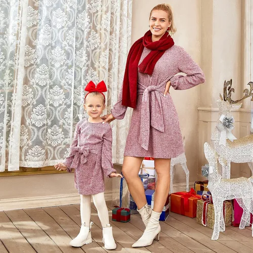 Vista 2 de PopReal Mommy and Me Outfits - Vestido de manga larga con estampado de leopardo negro y lazo frontal en la cintura ropa familiar a juego
