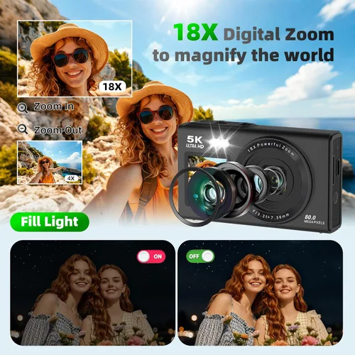 Vista 5 de Cámaras digitales 5K 80MP para fotografía con trípode 2 baterías 64GB Dual Screen Autofocus Vlogging Camera for YouTube,Compact Point and Shoot