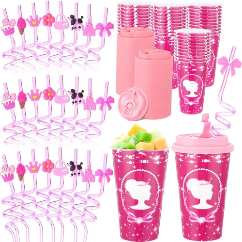 Vista 33 de Yungyan 16 juegos de tazas de golosinas con tapas y pajitas para decoraciones de cumpleaños, reutilizables, 16 onzas, vasos de plástico para dulces