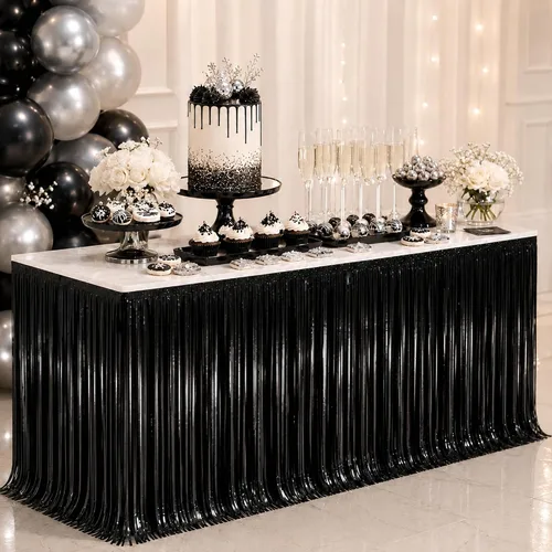 Vista 16 de Faldas de mesa de oropel de papel metálico con flecos para mesas rectangulares, cortinas de serpentina, telón de fondo para cumpleaños, boda