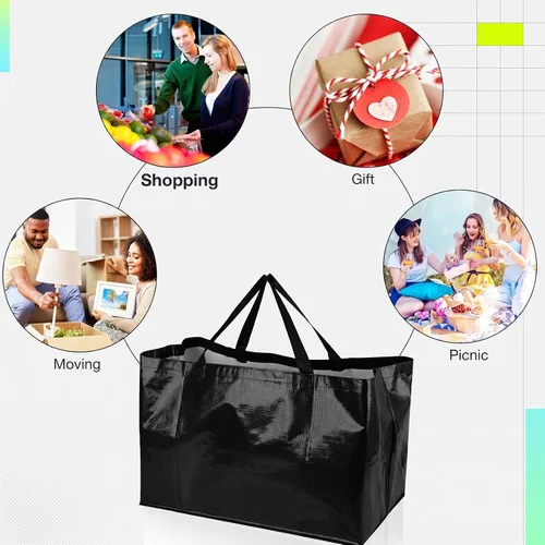 Vista 7 de Shappy 6 Piezas Bolsas de Compra Extragrandes Reutilizables con Asas, Bolsas de Comestibles Tejidas Coloridas de Plástico Impermeable Negro