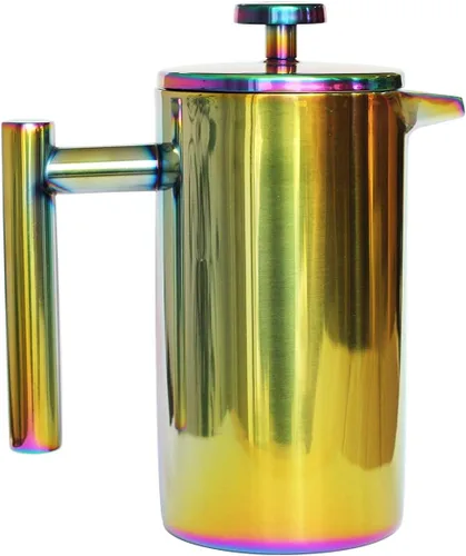 Vista 7 de Cafetera de prensa francesa – 1 o 2 tazas, pequeña cafetera de acero inoxidable, prensa francesa de doble pared, Arcoíris, 12oz/350ml