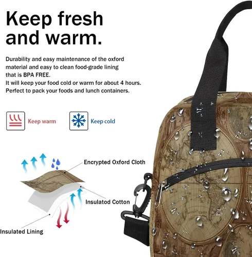 Vista 6 de Bolsa de almuerzo con diseño de globo y mapa del mundo, organizador aislante, impermeable, para hombres y mujeres, bolso de mano, correa ajustable