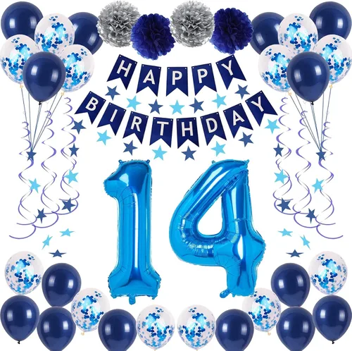 Vista 19 de Decoraciones de fiesta de cumpleaños azul número 29 para hombres y mujeres, suministros de globos de feliz cumpleaños 29 con pancarta de feliz