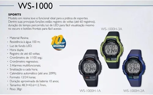 Vista 5 de Casio WS-1000H-2A - Reloj digital para hombre 32808ft 3281ft WR color negro