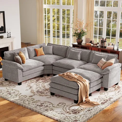 Vista 74 de Sofá modular de gran tamaño de 154 pulgadas, cómodo sofá en forma de U con 3 otomanas móviles, sofá moderno de felpilla de 7 plazas para sala