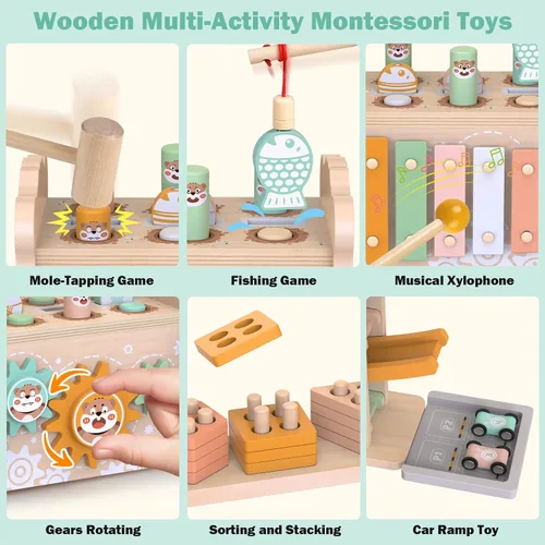 Vista 8 de Juguetes de madera Montessori para niños pequeños de 1 a 3 años, juguete de martillado y golpeo para bebés con xilófono y juego de pesca, pista