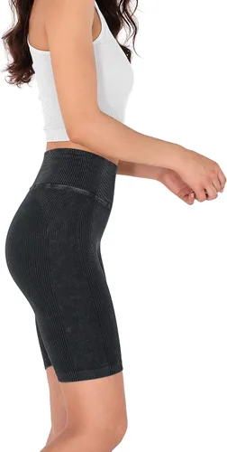 Vista 2 de ODODOS Pantalones cortos de yoga sin costuras para mujer, cintura alta, levantamiento de glúteos, lavado ácido, acanalado, entrenamiento, gimnasio