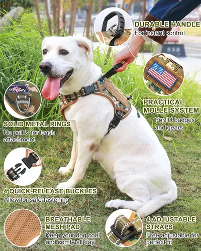 Vista 2 de Hotsky Arnés táctico para perro, chaleco ajustable para perro, arnés reflectante militar para mascotas, con asa de control, paneles Molle Loop