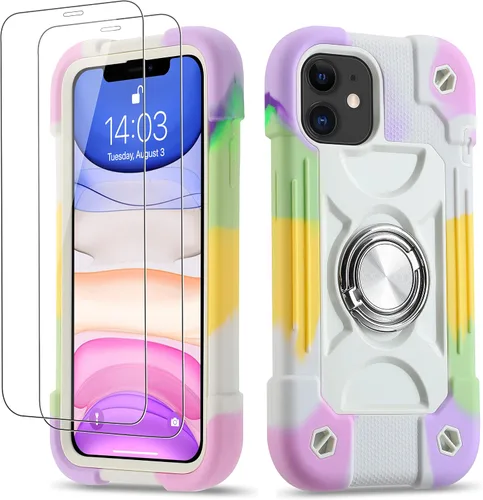 Vista 29 de Funda para iPhone 11 de 6.1 pulgadas con soporte de anillo, con 2 protectores de pantalla de vidrio, resistente a los golpes, resistente a