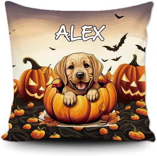 Vista 10 de Funda de almohada personalizada de Halloween, diseño de calabaza, lindo cachorro, funda decorativa de lona para sofá, 16 x 16 pulgadas, estampado