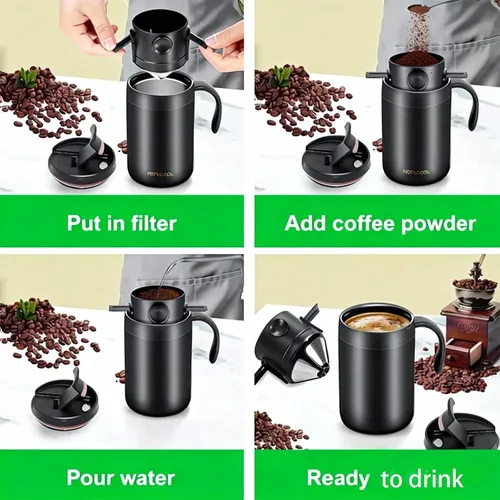 Vista 4 de Cafetera portátil de 16 onzas con filtro plegable y agitador, taza de viaje aislada de acero inoxidable con tapa, no necesita filtro de papel, sin