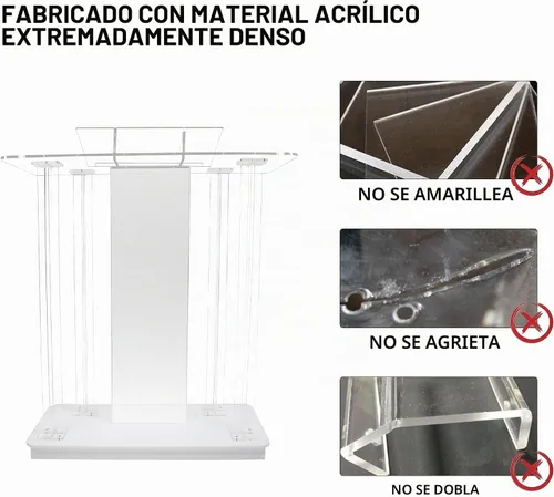 Vista 4 de Púlpito de Iglesia Personalizable con Logo y Texto, Atril con Soporte, Podium Transparente de Acrílico LED con Ruedas y Plataforma de Lectura
