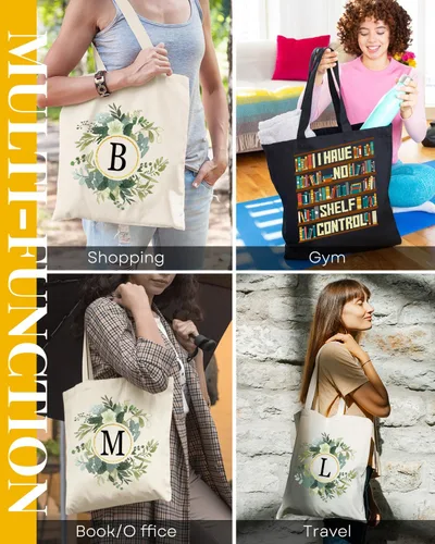 Vista 6 de AUSVKAI Bolsa de lona para mujer, bonita bolsa de algodón con iniciales estéticas, de algodón, reutilizable, personalizada, bolsas de cumpleaños
